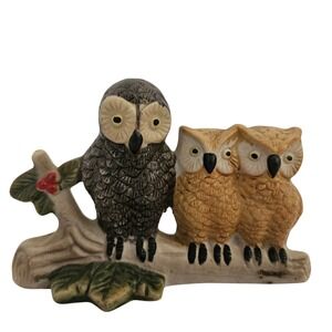 Ceramic Owl Figurine Family Perched on Branch Woodland 
Whimsy Cottagecore